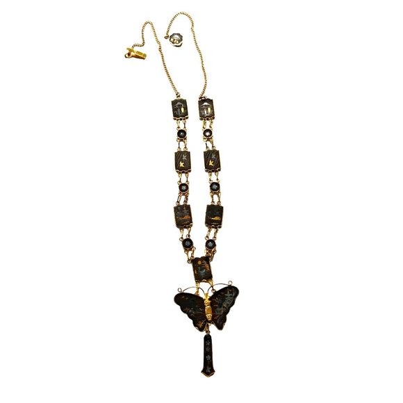 RARE Vtg Japanese Damascene Shakudo Panel Necklace/Bracelet/Screw-On Earrings - Picture 2 of 16